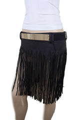 Black Wrap Around Long Skirt Faux Leather Fashion Belt Gold Metal Size S M