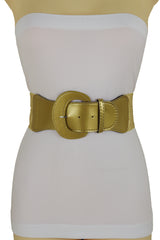 Women High Waist Hip Wide Elastic Gold Color Fashion Belt Big Buckle Day Night Easy Wear Size M L