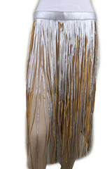 Women Silver Beige Long Skirt Faux Leather Wrap Around Fashion Belt Fit Size S M