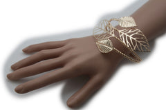 Women Wide Cuff Bangle Gold Metal Bracelet Leaf Tree Strands