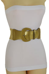 Women High Waist Hip Wide Elastic Gold Color Fashion Belt Big Buckle Day Night Easy Wear Size M L