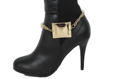 Women Western Trendy Style Boot decorative Gold Metal Chain Shoe Bling Pyramid Charm