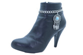 Silver Metal Chain Boot Bracelet Ethnic Shoe Feather Charm Turquoise Blue