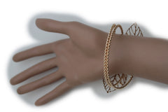 Women Wide Cuff Bangle Gold Metal Bracelet Leaf Tree Strands