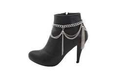 Silver Metal Chain Boot Bracelet Anklet Shoe Side Wave Tassel Fringe Charm Bling