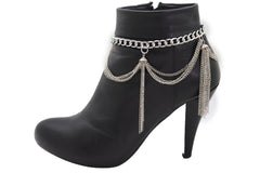 Silver Metal Chain Boot Bracelet Anklet Shoe Side Wave Tassel Fringe Charm Bling