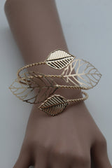 Women Wide Cuff Bangle Gold Metal Bracelet Leaf Tree Strands
