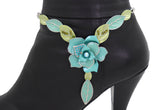 Silver Metal Chain Boot Bracelet Shoe Anklet Baby Bling Blue Flower Charm