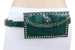 Green Faux Crocodile Leather Fashion Belt + Phone Purse Gold Metal Stud