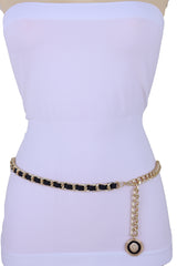 Gold Metal & Black Fabric Skinny Chain Belt with Lion Medallion Pendant End