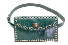 Green Faux Crocodile Leather Fashion Belt + Phone Purse Gold Metal Stud