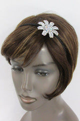 Women Classic Fashion Headband Large Flower Silver Rhinestones Hair Band - alwaystyle4you - 4