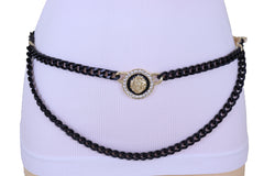 Black Metal Wave Chain Belt With Rhinestone Lion Medallion