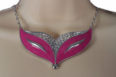 Women Silver Metal Chain Pink Masquerade Mask Fashion Necklace Earrings Set