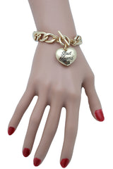 Women Bangle Bracelet Gold Metal Chain Heart Charm Best Friend Love