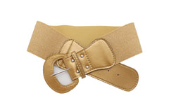 Women High Waist Hip Wide Elastic Gold Color Fashion Belt Big Buckle Day Night Easy Wear Size M L