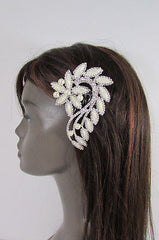 New Women Silver Metal Head Jewelry Rhinestones Long Leaf 1 Side Hair Pin Flower - alwaystyle4you - 2