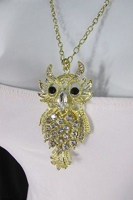 Women 26" Gold Metal Chains Fashion Necklace Big Owl Silver Rhinestone - alwaystyle4you - 1