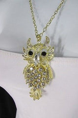 Women 26" Gold Metal Chains Fashion Necklace Big Owl Silver Rhinestone - alwaystyle4you - 1