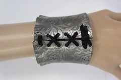 Women Silver Flowers Stamp Metal Corset Bracelet Fashion Jewelry Black Tie - alwaystyle4you - 4