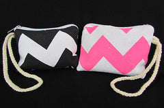 Women Fashion Mini Purse Fabric Make Up Coin Wallet Chevron Print Rope Starp - alwaystyle4you - 1