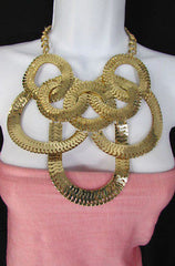 Gold Metal Thin Links Multi Strands Necklace + Earrings Set New Women Fashion - alwaystyle4you - 3