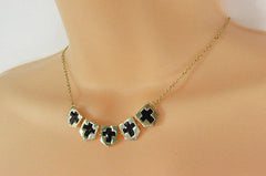 New Women Gold Metal Chain Fashion Necklace Five Mini Black Crosses Long Pendant - alwaystyle4you - 1