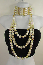 Gold Metal Multi Pearl Beads 3 Strands Chains Choker Necklace New Women Fashion - alwaystyle4you - 10