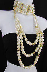 Gold Metal Multi Pearl Beads 3 Strands Chains Choker Necklace New Women Fashion - alwaystyle4you - 4