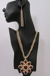 Long Gold Chains Necklace Big D. Red Flower Pendant + Earrings Set New Women Fashion - alwaystyle4you - 1