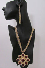 Long Gold Chains Necklace Big D. Red Flower Pendant + Earrings Set New Women Fashion - alwaystyle4you - 1
