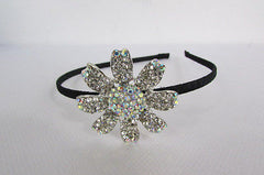 New Women Classic Fashion Headband Large Flower Silver Rhinestones Hair Band - alwaystyle4you - 3