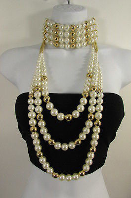 Gold Metal Multi Pearl Beads 3 Strands Chains Choker Necklace Women Fashion - alwaystyle4you - 1