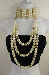 Gold Metal Multi Pearl Beads 3 Strands Chains Choker Necklace Women Fashion - alwaystyle4you - 1