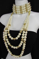 Gold Metal Multi Pearl Beads 3 Strands Chains Choker Necklace New Women Fashion - alwaystyle4you - 2