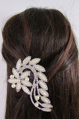 New Women Silver Metal Head Jewelry Rhinestones Long Leaf 1 Side Hair Pin Flower - alwaystyle4you - 1