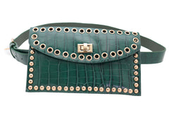 Green Faux Crocodile Leather Fashion Belt + Phone Purse Gold Metal Stud