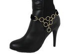 Women Trendy Boot Anklet Gold Metal Chain Shoe Multi Rings Drape Strap