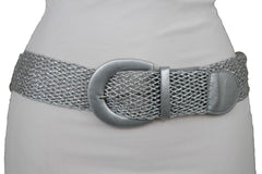 Women Metallic Silver Mesh Fabric Braided Look Casual Fashion Belt Size S M