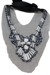 Black Lace Long Satin Tie Strand Zebra Beads Silver Sequins Artsy Necklace