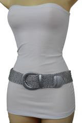 Women Metallic Silver Mesh Fabric Braided Look Casual Fashion Belt Size S M
