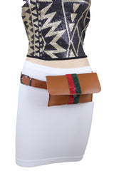 Brown Faux Leather Fashion Belt + Purse Bag Green Red Bling Bead