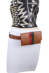 Brown Faux Leather Fashion Belt + Purse Bag Green Red Bling Bead