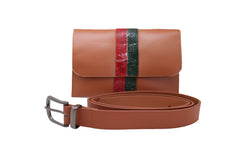 Brown Faux Leather Fashion Belt + Purse Bag Green Red Bling Bead