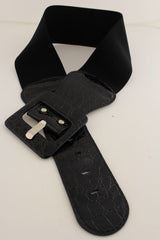 Women Belt Wide Elastic Black Fashion Hip High Waist Square Buckle Fits M L XL
