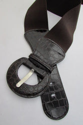 Women Elastic Low Hip High Waist Belt Dark Brown Stretch Size XS S M