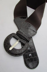 Women Elastic Low Hip High Waist Belt Dark Brown Stretch Size XS S M