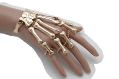 Trendy Women Gold Metal Hand Chain Scary Jewelry Slave Ring Skeleton Skull Bones