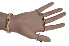 Trendy Women Gold Metal Hand Chain Scary Jewelry Slave Ring Skeleton Skull Bones