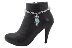 Turquoise Owl Charm Silver Metal Boot Chain